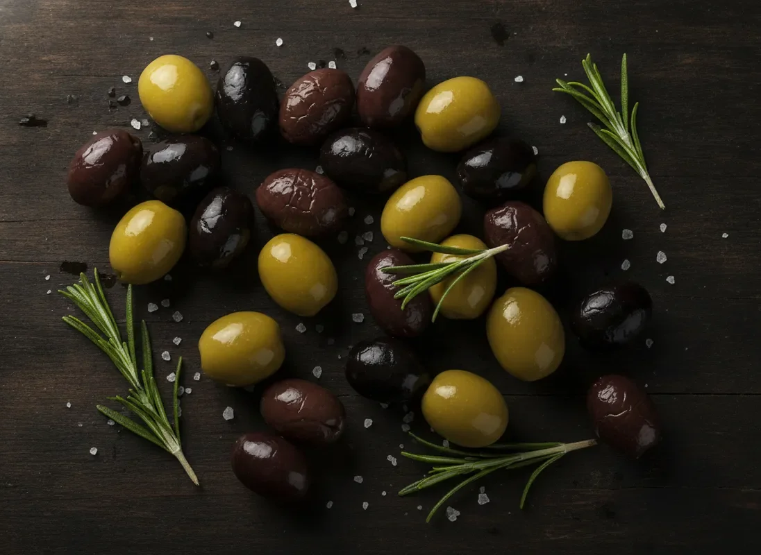 זיתי קלמטה שחורים וקסטלווטרנו ירוקים מגוונים על עץ כהה