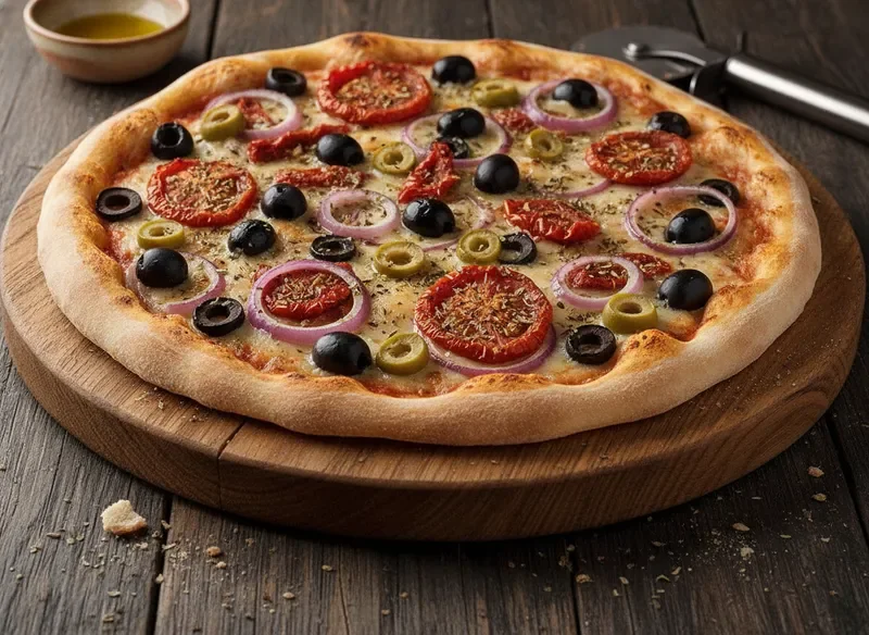 פיצה עם תערובת זיתים שחורים וירוקים